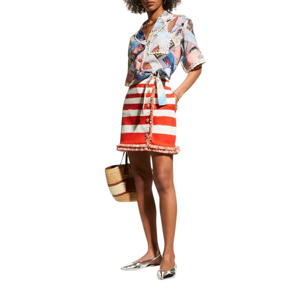 Zimmermann Red and White Striped Fringe Mini Skirt